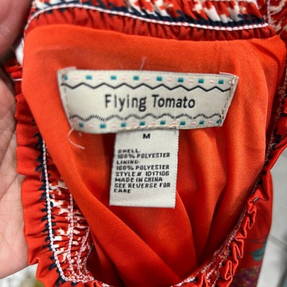 Flying Tomato Burnt Orange Floral Summer dress Size M Mock Neck Bubble Sleeve - Picture 3 of 6